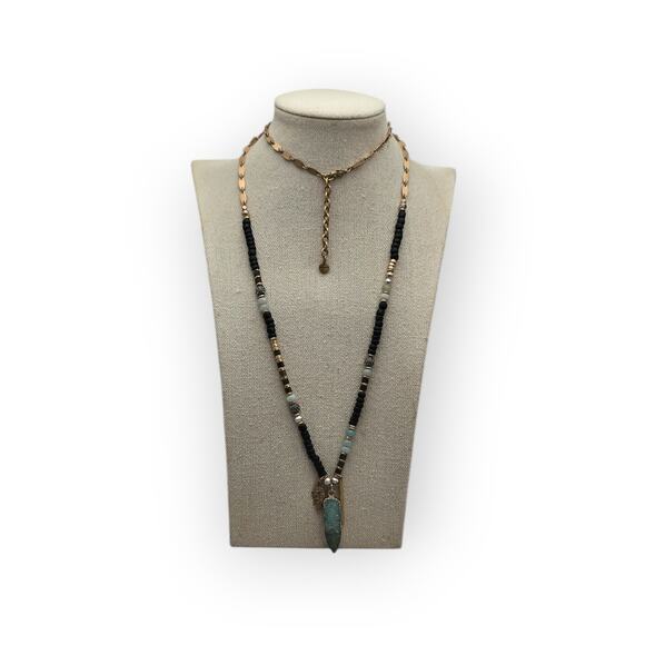 Gold & Black Beaded Green Druzy Pendant Stella & Dot Necklace - Picture 6 of 8